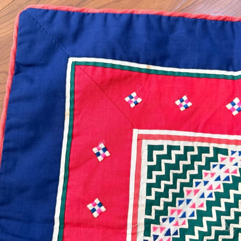 Vintage Hmong? Asian Embroidered Handmade Folk Wall Art Quilt Block Pillow 18
